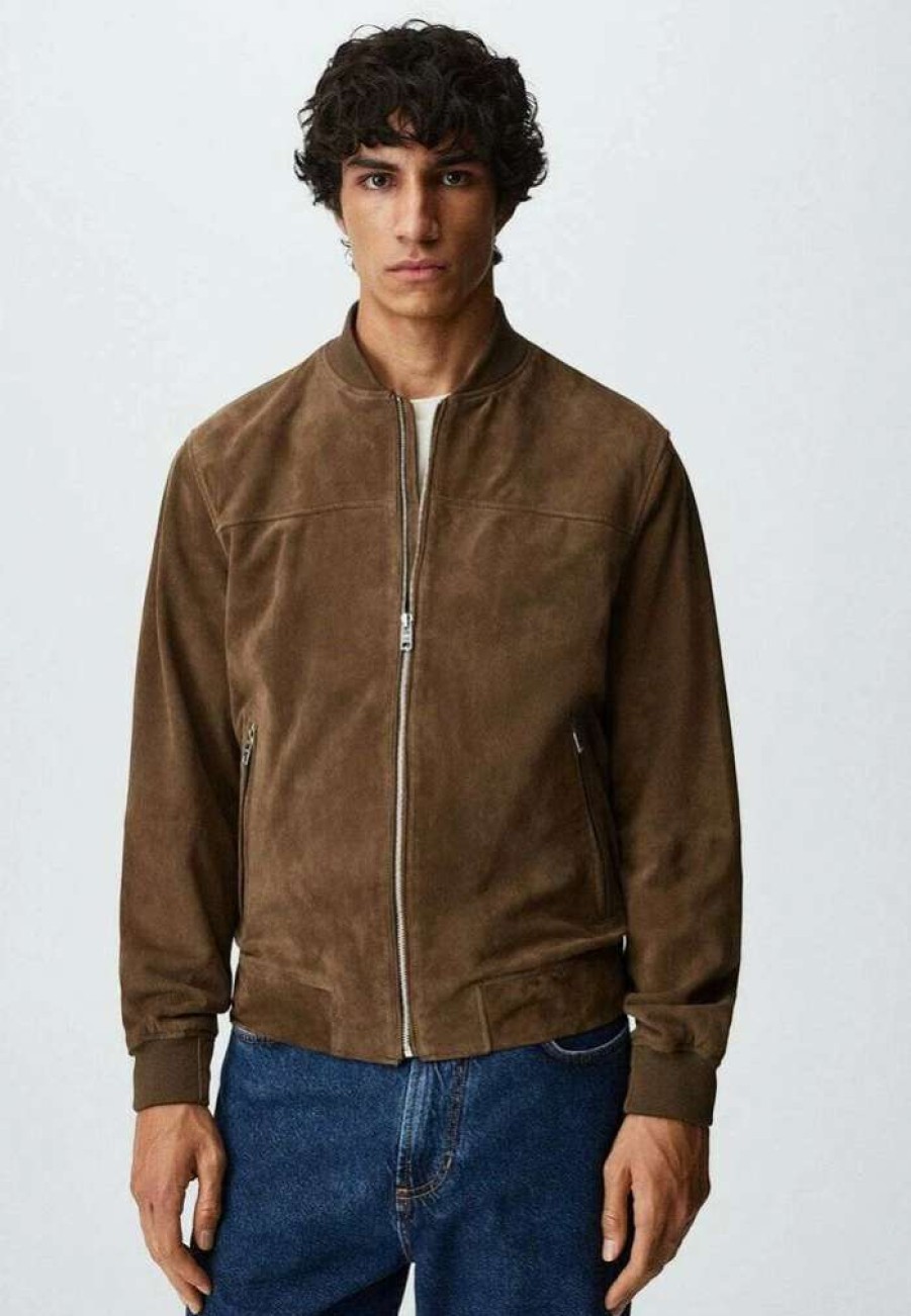 Clothing * | Mango Grus Leather Jacket Cognac