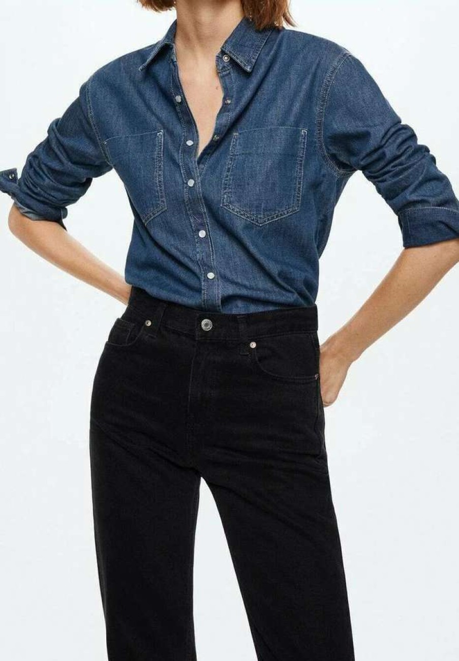 Clothing * | Mango Olivia Button-Down Blouse Bleu Moyen