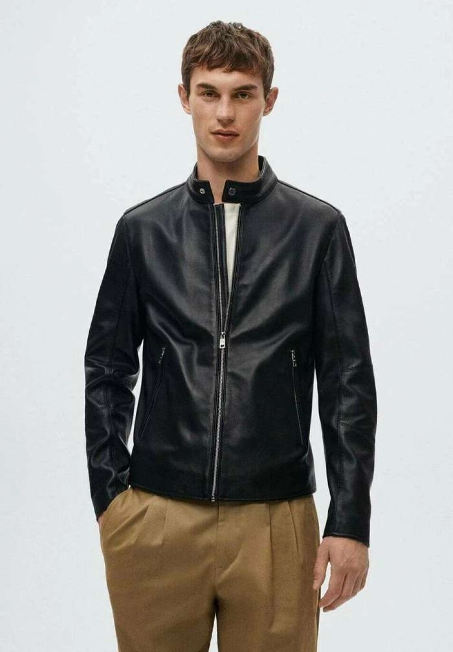 Clothing * | Mango Cuir Leather Jacket Black